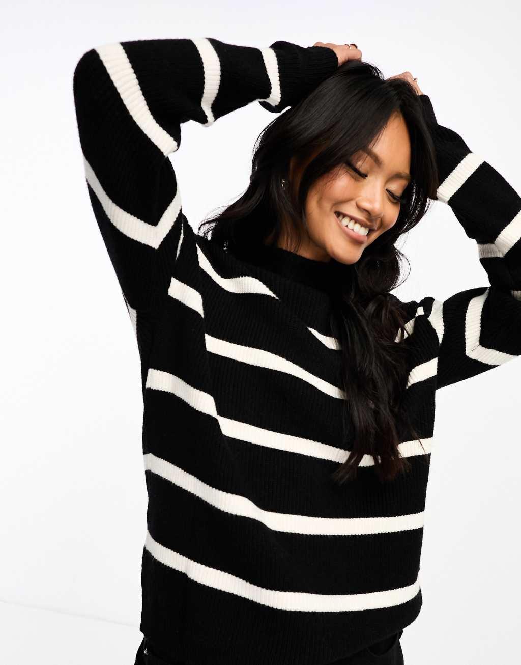 Vila high neck super soft sweater in black mono stripe Product Image