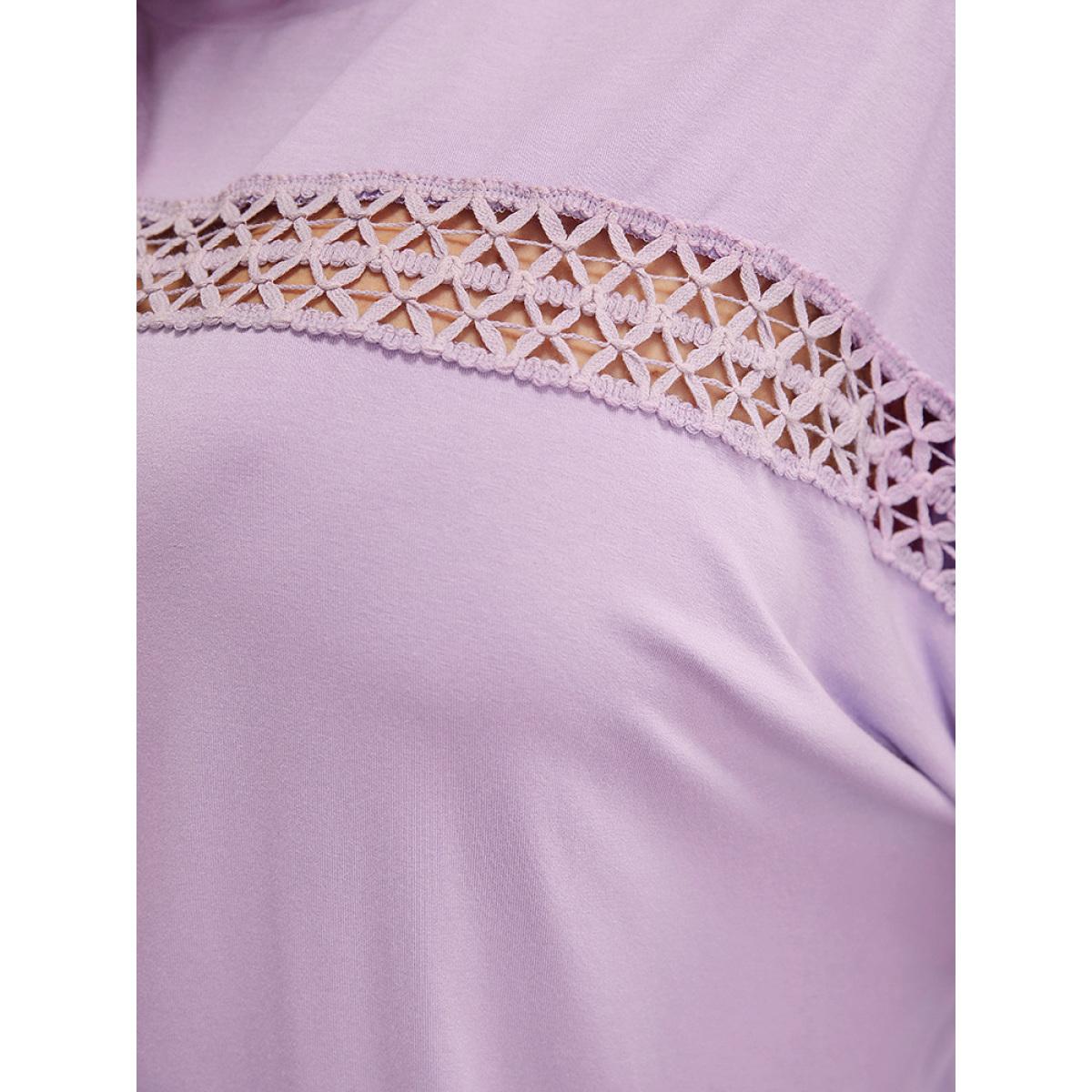 Plus Size Solid Batwing Sleeve Eyelet Lace T-shirt Lilac Women Elegant Lace Plain Round Neck Dailywear T-shirts BloomChic 22-24/3X Product Image