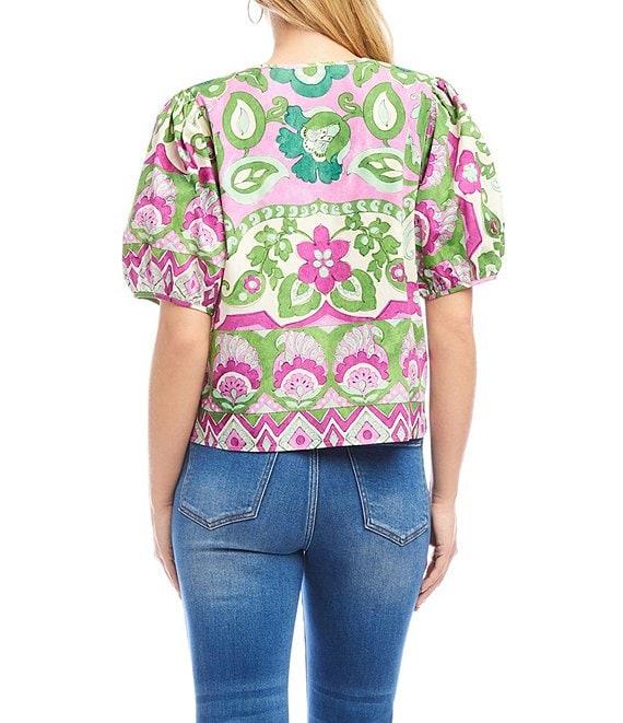 Karen Kane Printed Woven Split Round Neck Short Puff Sleeve Button-Front Shirt Product Image