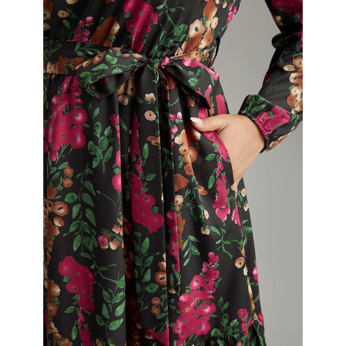 Plus Size Floral Print Belted Elastic Cuffs Dress Black Women Elegant Elastic cuffs Notched collar Long Sleeve Curvy Midi Dress BloomChic 12/L Product Image