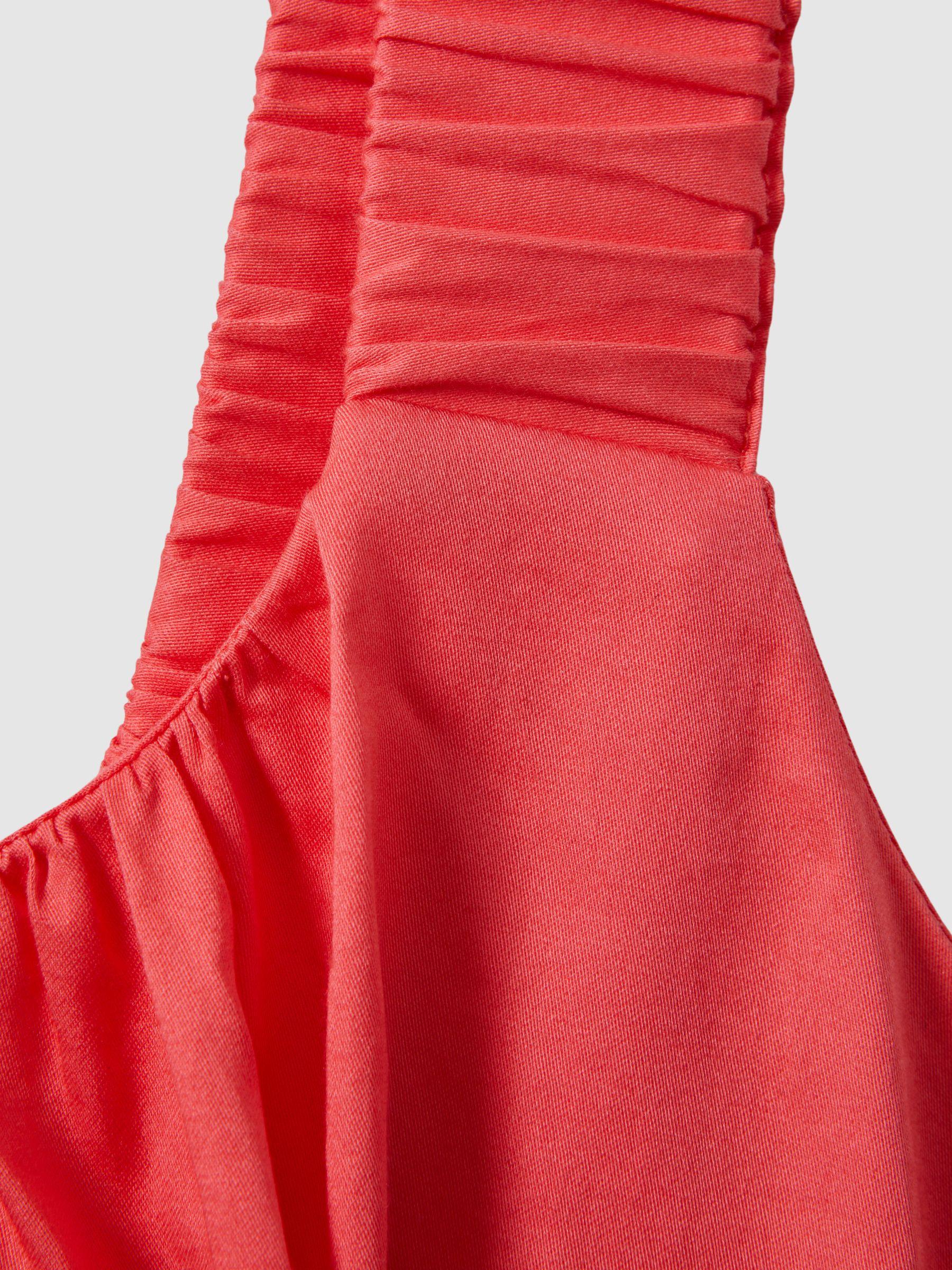 Cotton Ruched Strap Belted Midi Dress in Coral Product Image