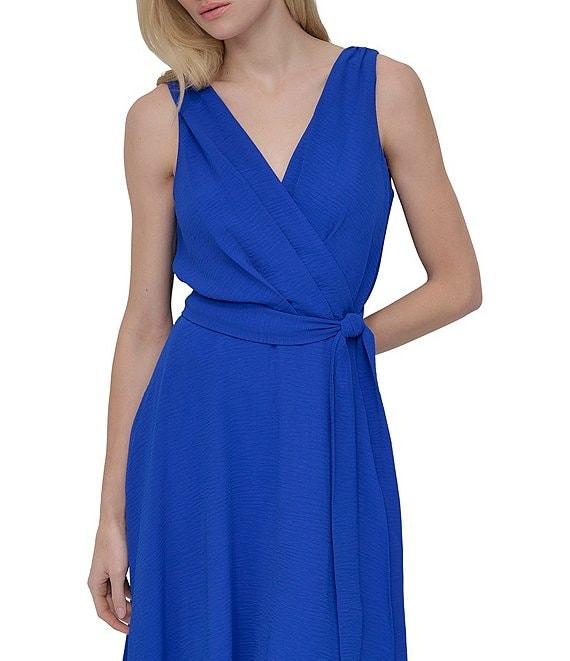 DKNY by Donna Karan V-Neck Sleeveless Bow Waist Washer Faux Wrap Dress Product Image