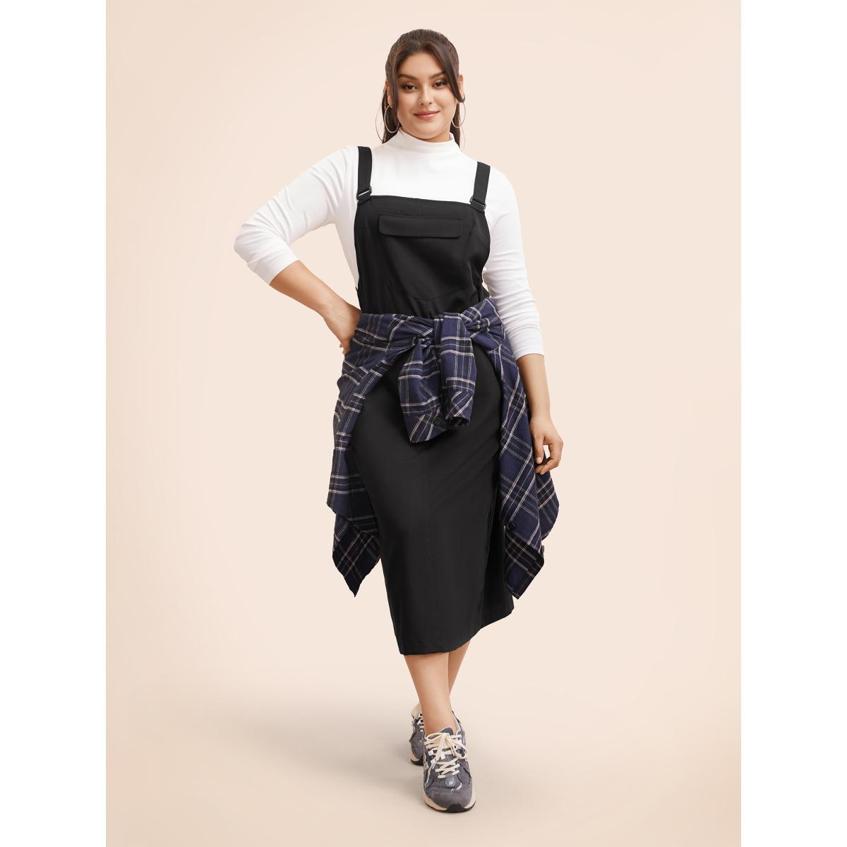Plus Size Solid Flap Pocket Adjustable Straps Overall Dress Black Women Casual Non Non Sleeveless Curvy BloomChic 10/M Product Image
