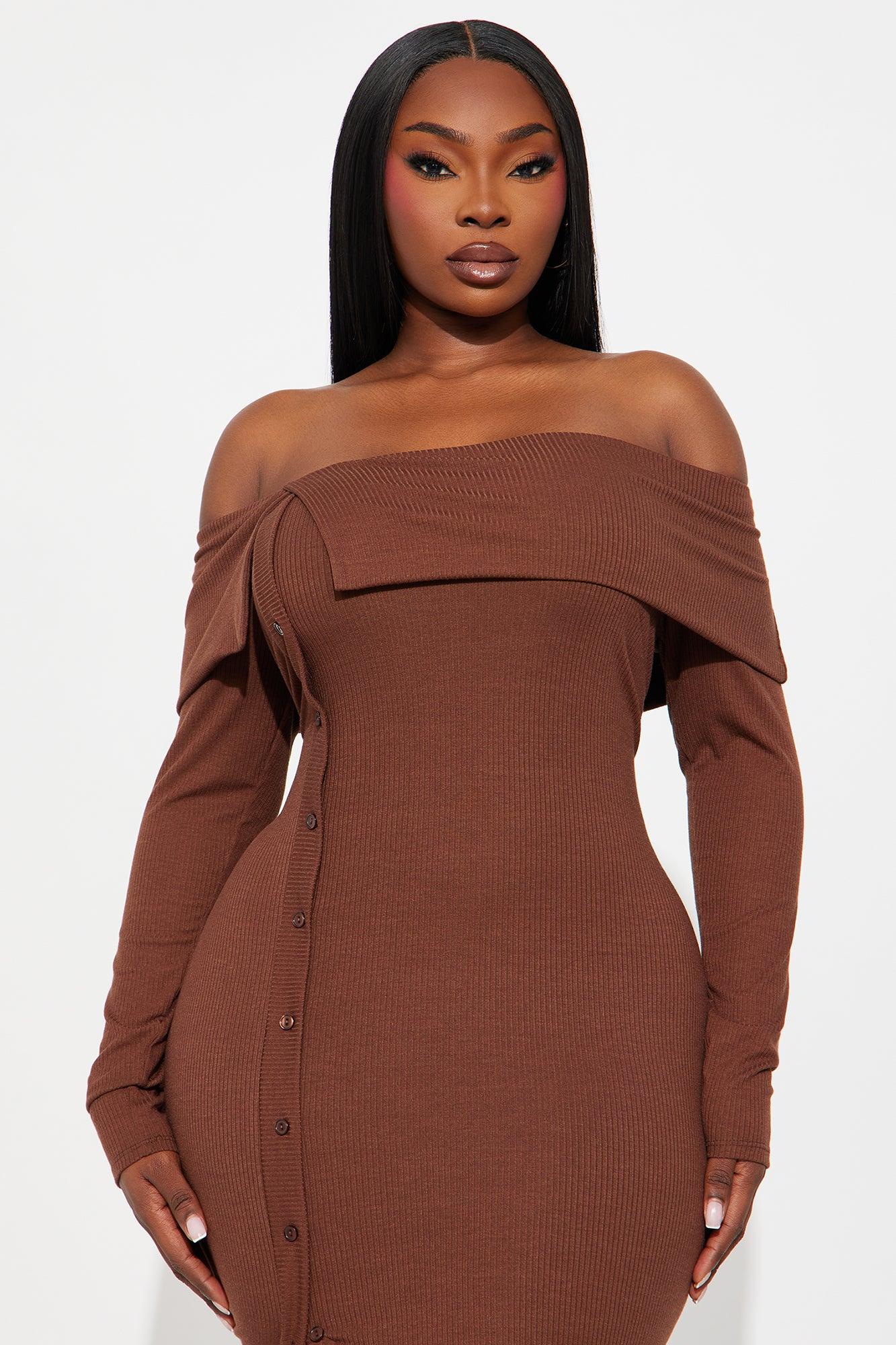 Leilani Off Shoulder Sweater Midi Dress - Chocolate Female Product Image
