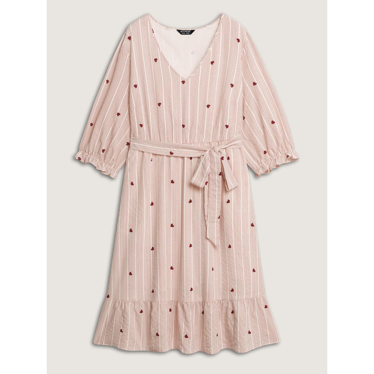 Plus Size Romantic Ruffled Sleeve Pleated Waist Midi Dress Originalwhite Women Playful Belted V-neck Elbow-length sleeve Curvy BloomChic 12/L Product Image