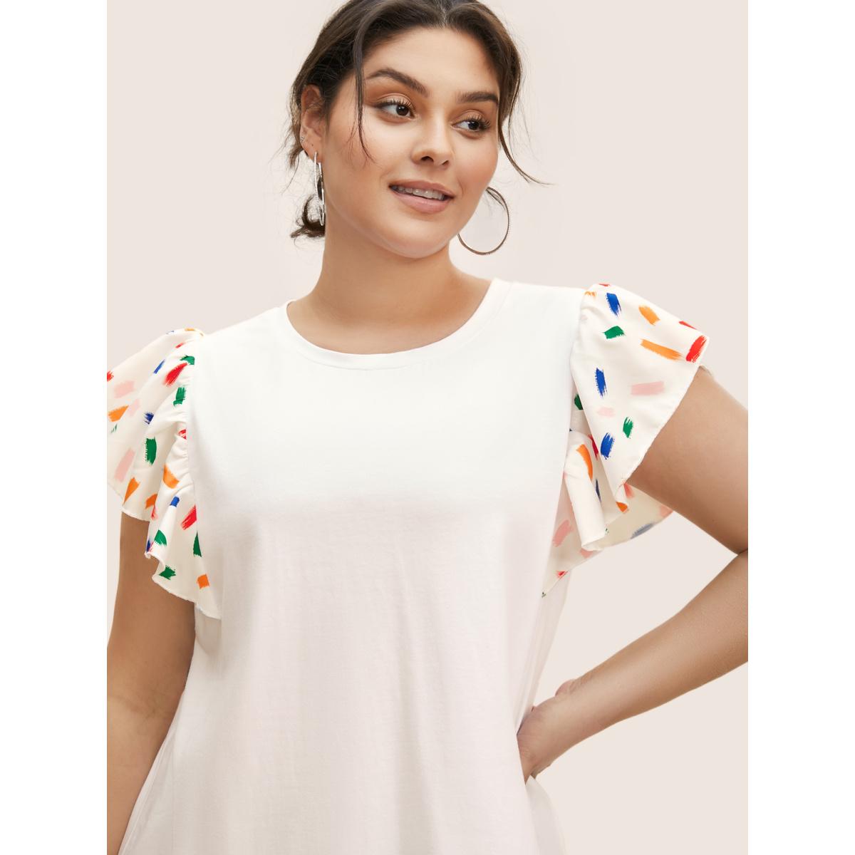Plus Size Colored Brush Print Ruffle Cap Sleeve T-shirt Originalwhite Women Casual Contrast Round Neck Everyday T-shirts BloomChic 30/6X Product Image