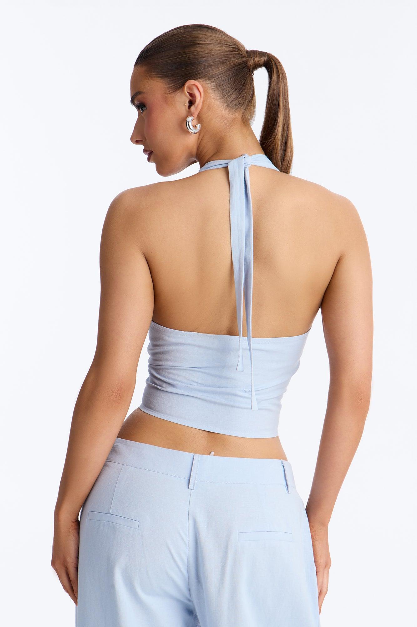 Ocean Breeze Linen Backless Halter Top - Dusty Blue Female Product Image