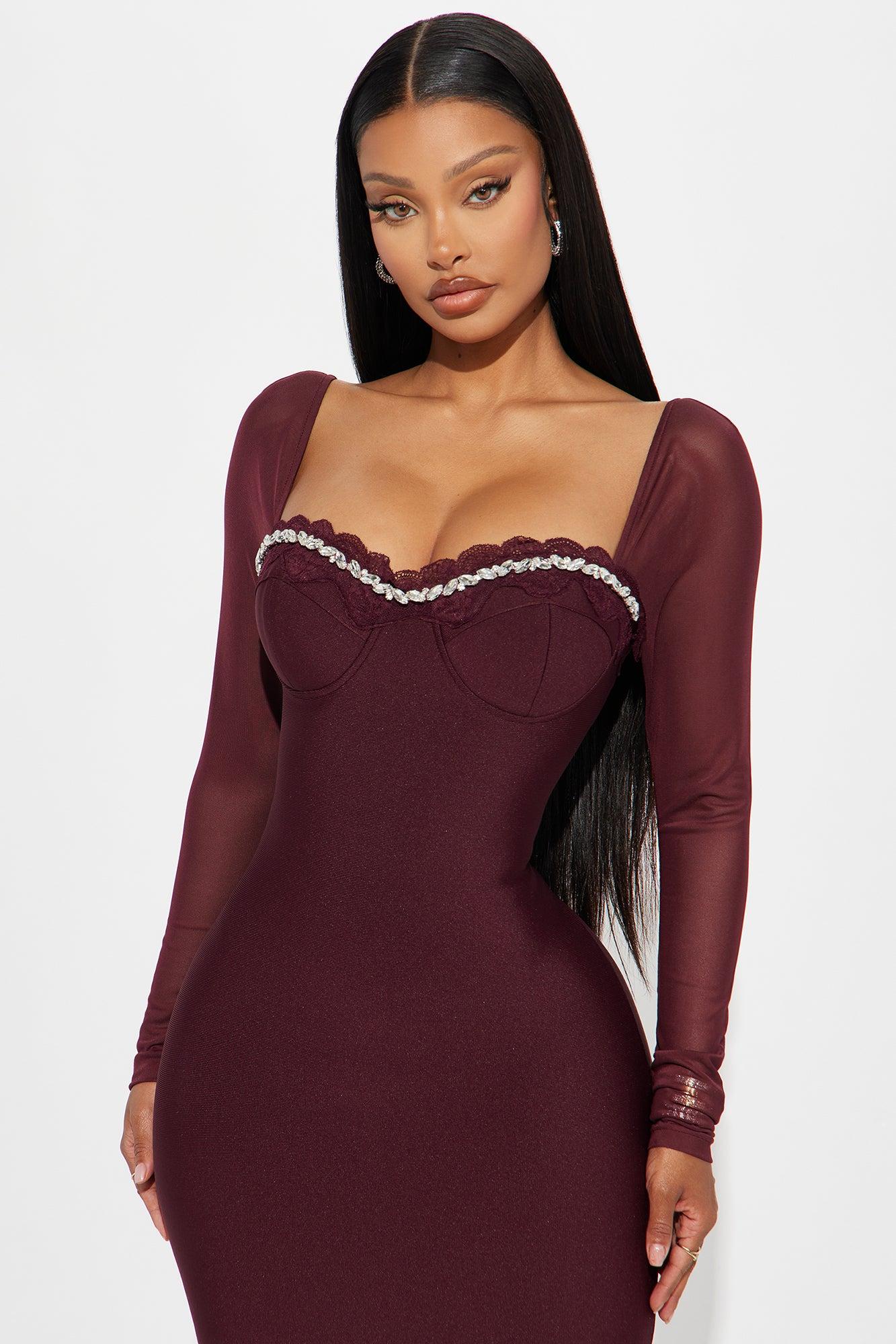 Raeya Rhinestone Bandage Midi Dress - Wine Product Image
