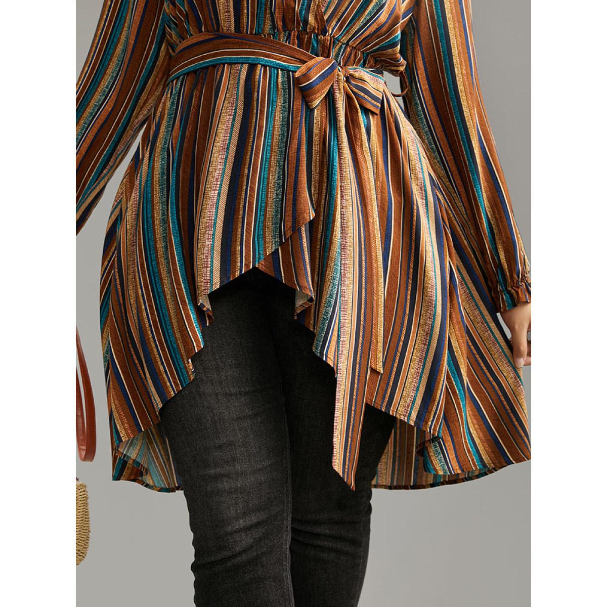 Plus Size Multicolor Striped Overlap Collar Arc Hem Belted Blouse Women Vacation Long Sleeve Overlap Collar Vacation Blouses BloomChic 30/6X Product Image
