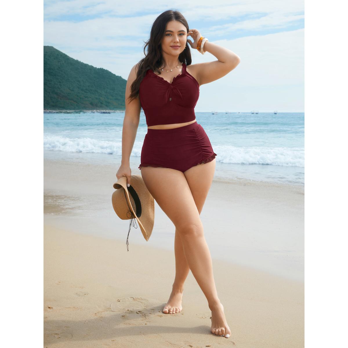 Plus Size Ruched Mesh Seamed Ruffle Trim Swim Bottoms Women's Swimwear Black Resort Gathered High stretch Skinny High Rise Curve Swim Bottoms BloomChic 26/4X Product Image