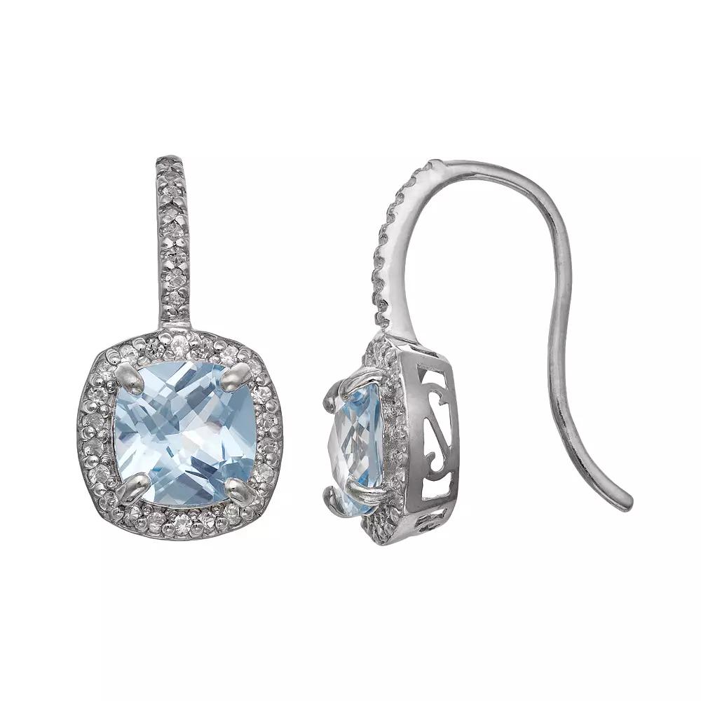 Designs by Gioelli Sterling Silver Lab-Created Aquamarine and Lab-Created White Sapphire Halo Drop Earrings, Women's, Multi Product Image