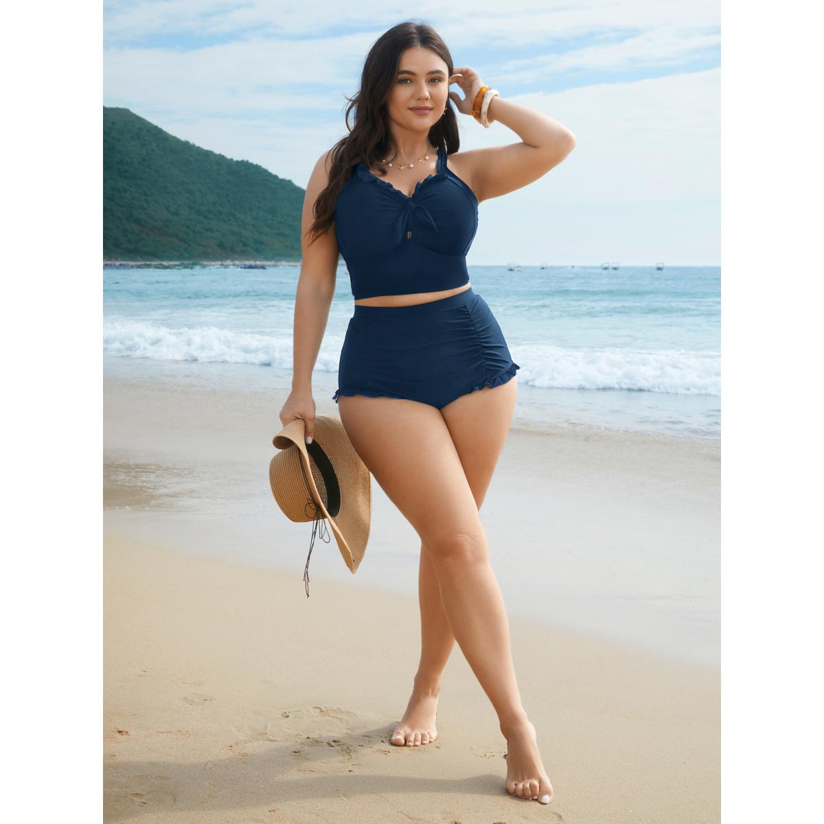 Plus Size Ruched Mesh Seamed Ruffle Trim Swim Bottoms Women's Swimwear Black Resort Gathered High stretch Skinny High Rise Curve Swim Bottoms BloomChic 26/4X Product Image
