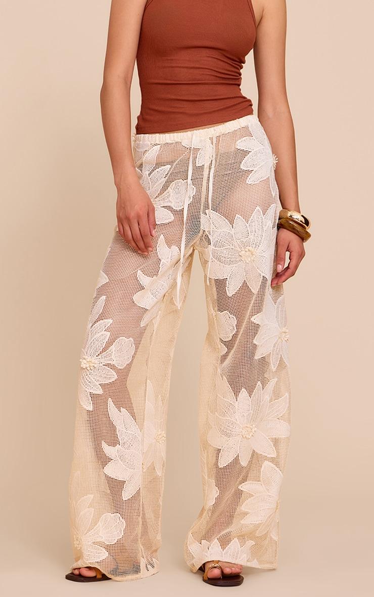 Beige Textured Flower Detail Wide Leg Pants Product Image