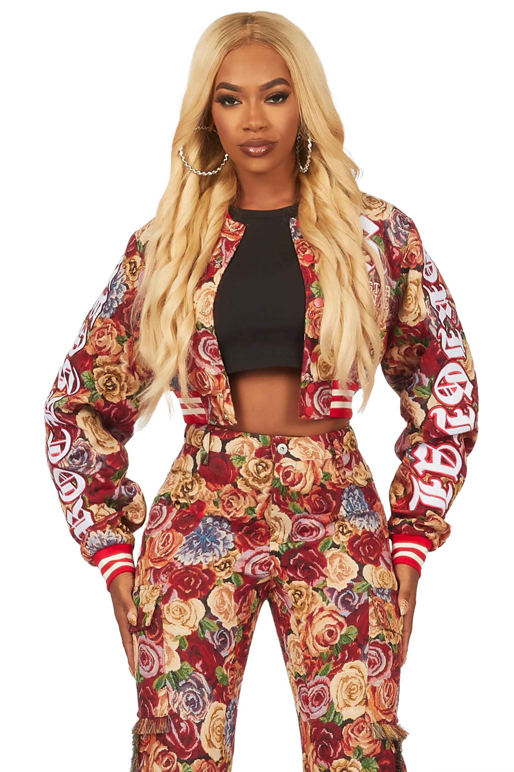 Darresha Red Crop Tapestry Varsity Jacket Female Product Image