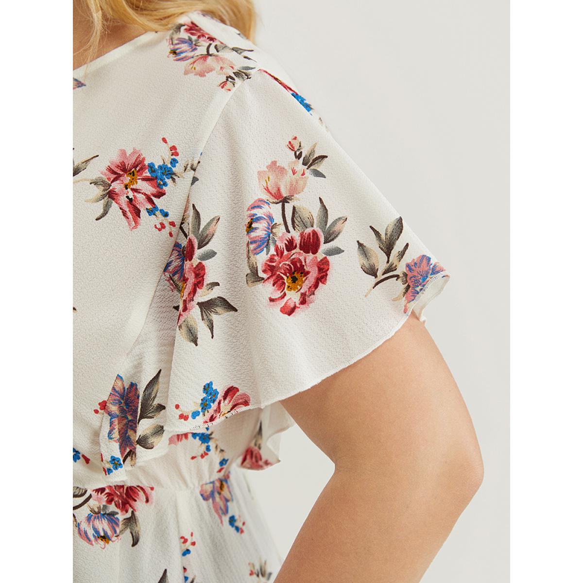 Plus Size White Floral Print Round Neck Ruffles High Low Hem Blouse Women Elegant Short sleeve Round Neck Dailywear Blouses BloomChic 10/M Product Image