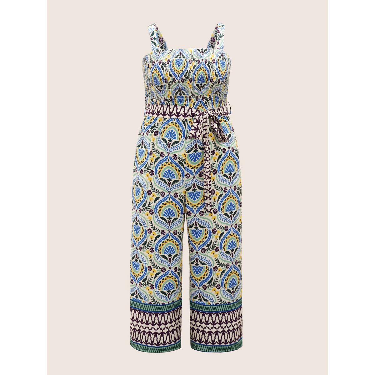 Plus Size Green Boho Print Shirred Belted Adjustable Straps Jumpsuit Women Resort Sleeveless Non Vacation Loose Jumpsuits BloomChic 30/6X Product Image