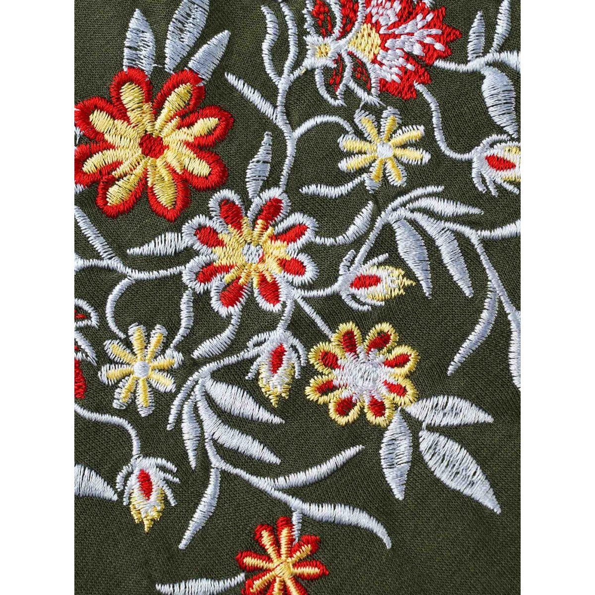 Plus Size Floral Embroidered Elastic Waist Gathered Dress ArmyGreen Women Casual Embroidered Round Neck Long Sleeve Curvy BloomChic 14-16/1X Product Image