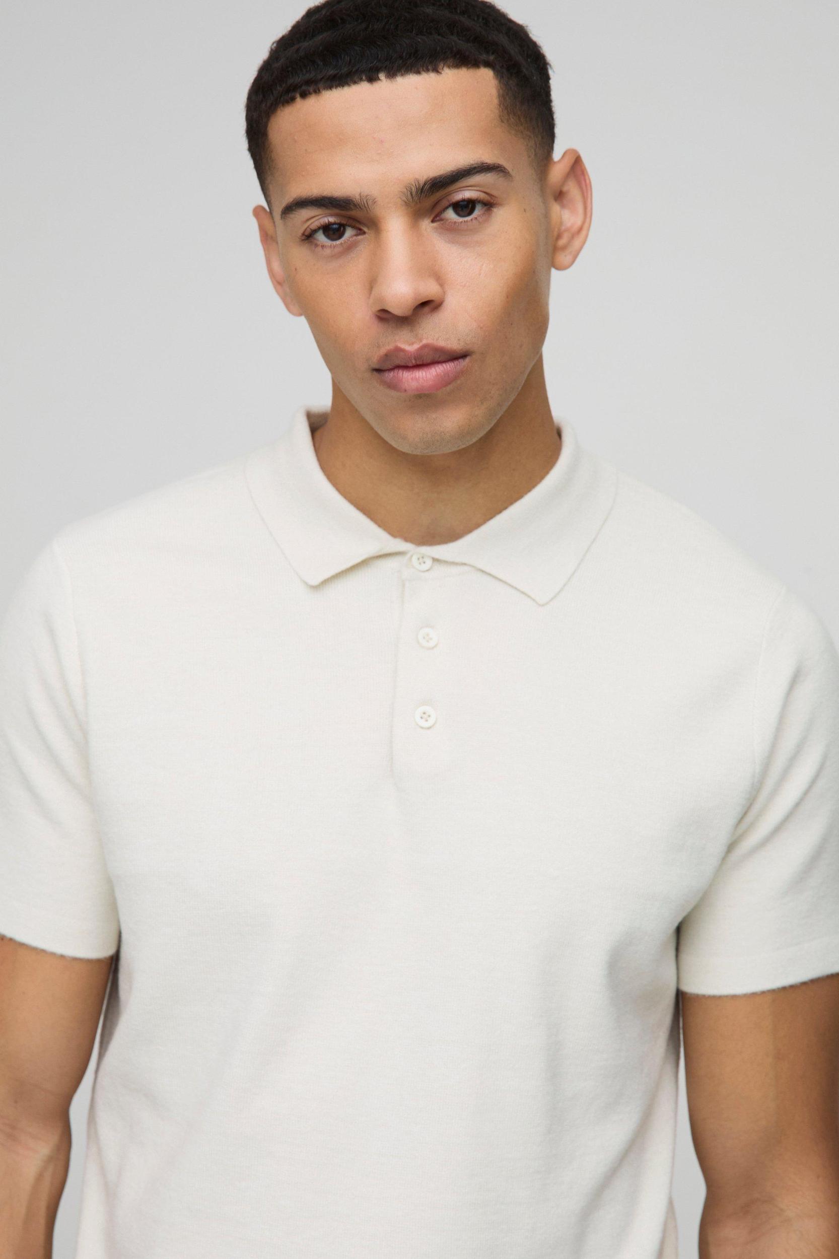 Regular Fit Button Up Knitted Polo | boohooMAN USA Product Image