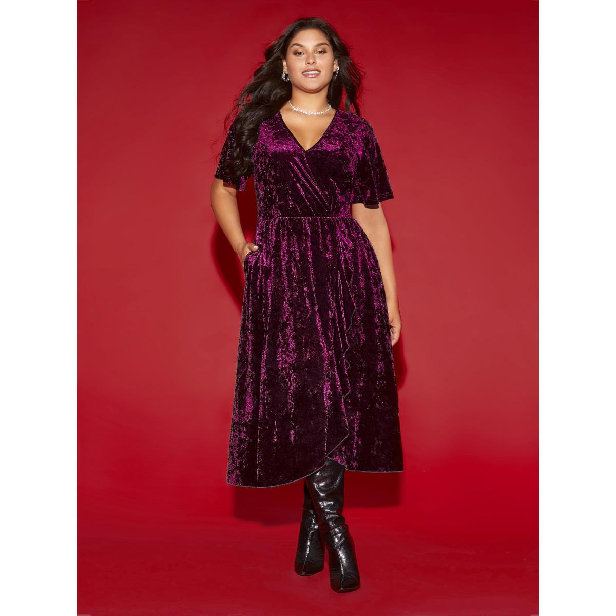 Plus Size Velvet Surplice Neckline Ruffle Sleeves Midi Dress Deeppurplered Women Formal Texture Overlap Collar Short sleeve Curvy BloomChic 12/L Product Image