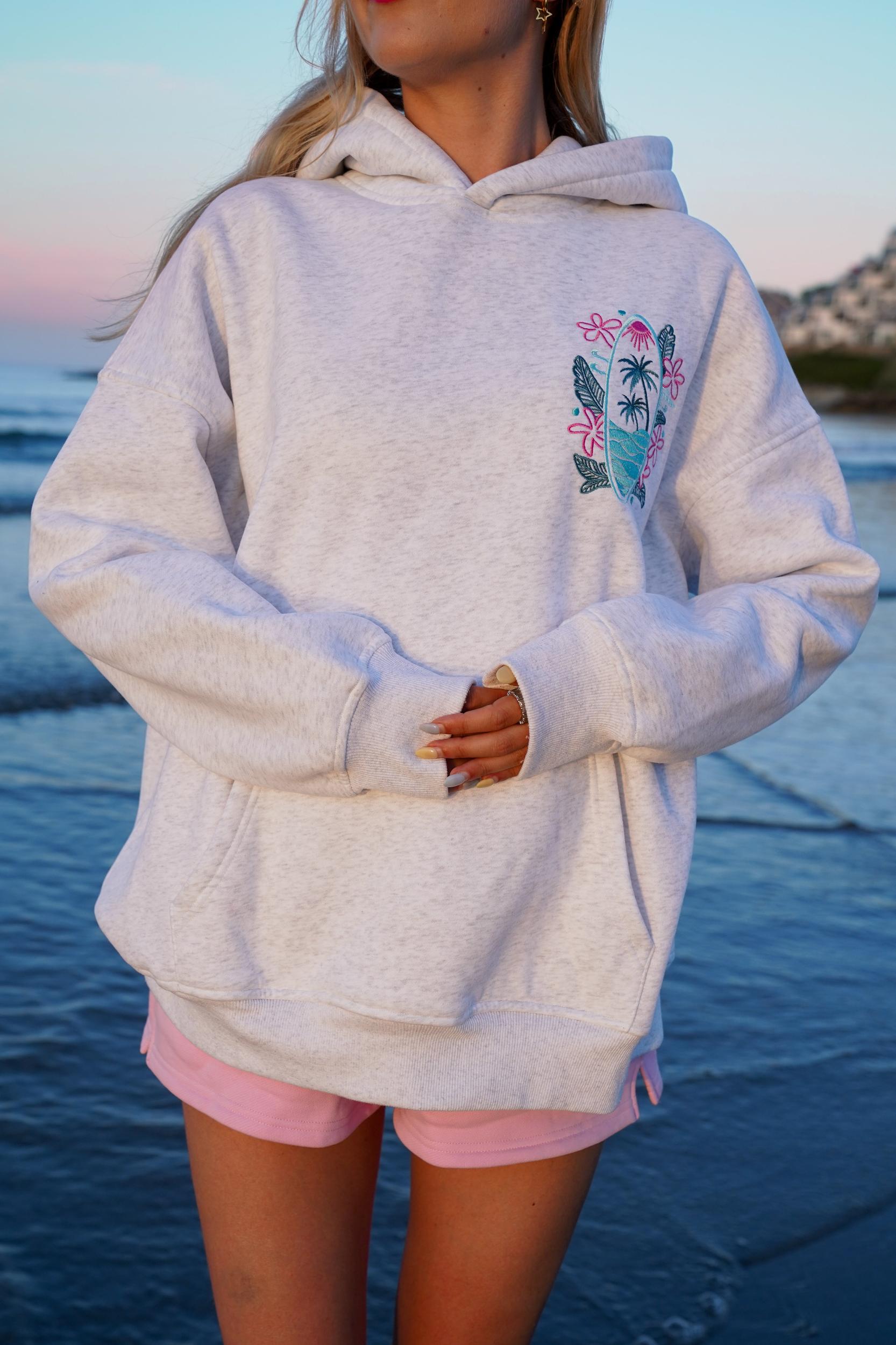 Pearl Grey Surfing The Waves Embroider Hoodie Product Image