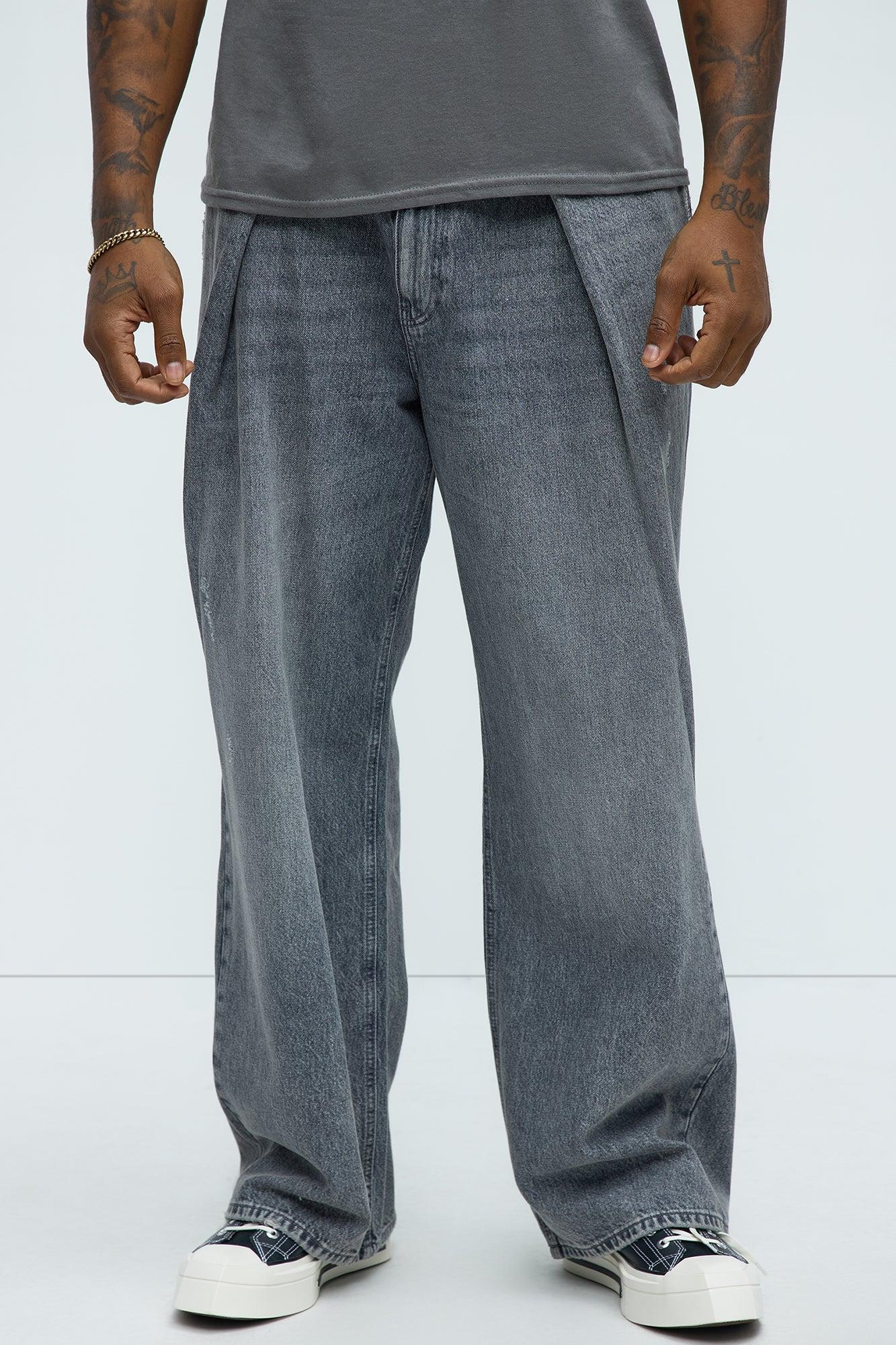 Boxed Pleated Baggy Jeans - Black Wash Product Image