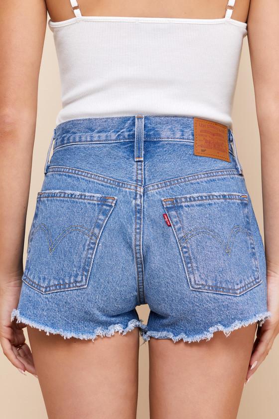 501 Original High-Rise Medium Wash Distressed Denim Shorts Product Image