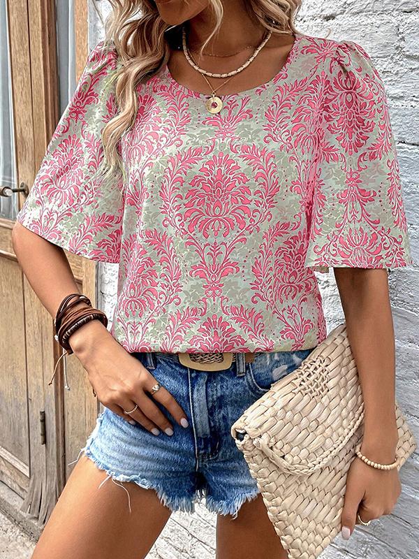 Half Sleeves Loose Flower Print Round-Neck T-Shirts Tops Product Image