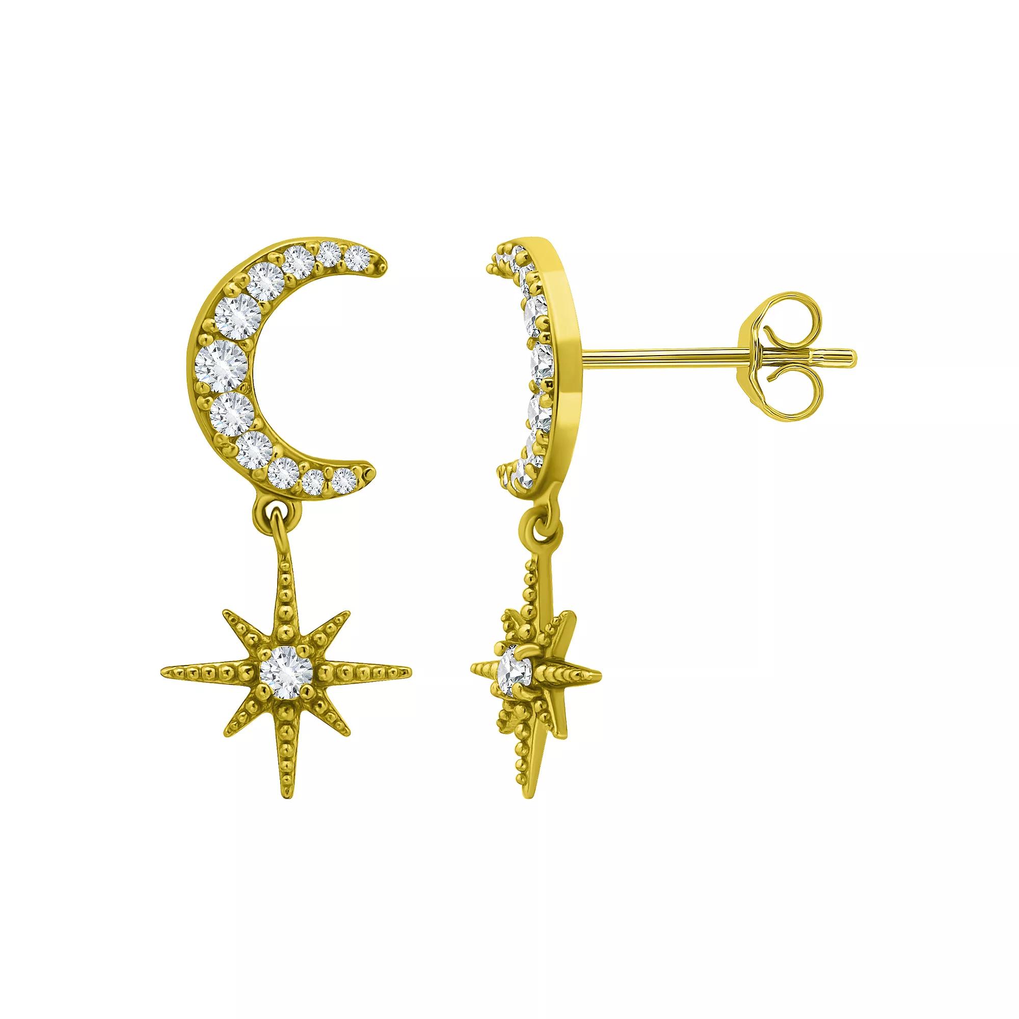 Aleure Precioso Sterling Silver Cubic Zirconia Moon & Starburst Drop Earrings, Women's, Gold Tone Product Image
