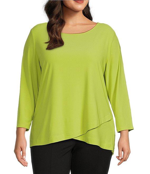 Slim Factor by Investments Plus Size Crew Neckline High-Low Hem Back Button Top Product Image