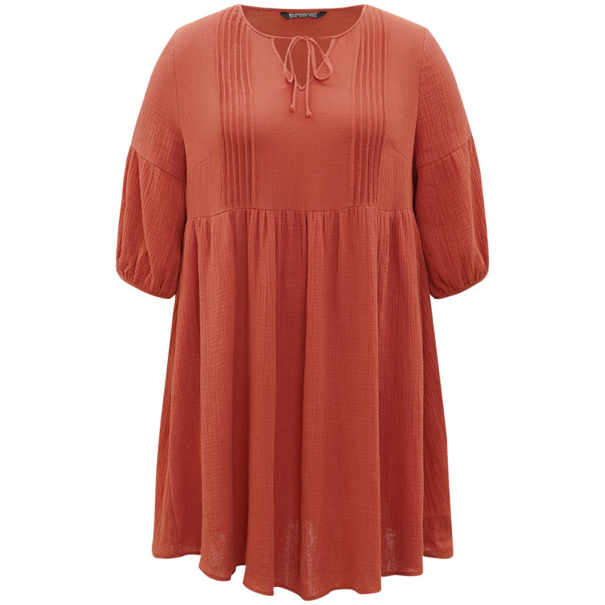 Plus Size Plain Pocket Pleated Ties Elastic Cuffs Dress Coral Women Vacation Elastic cuffs V-neck Elbow-length sleeve Curvy Midi Dress BloomChic 22-24/3X Product Image