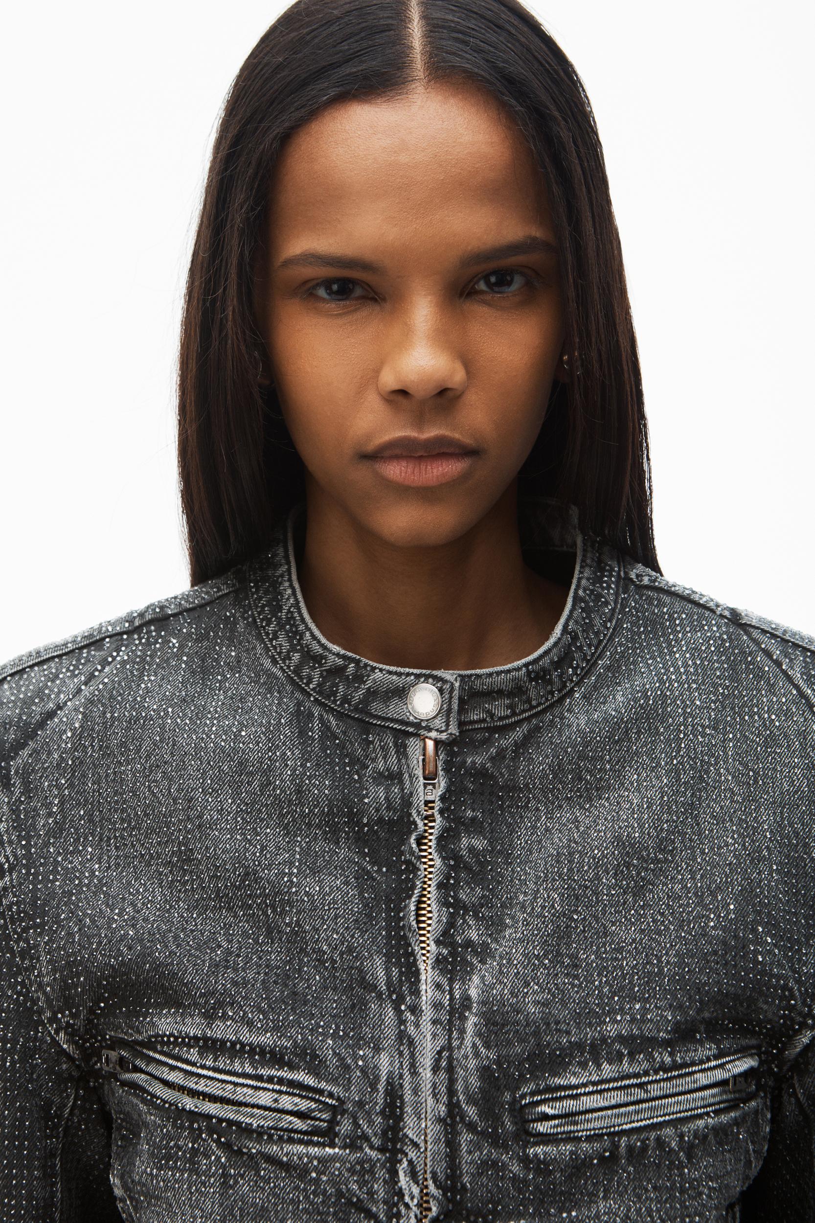 Clear Crystal Hotfix Moto Jacket In Crackle Grey Wash Denim Product Image