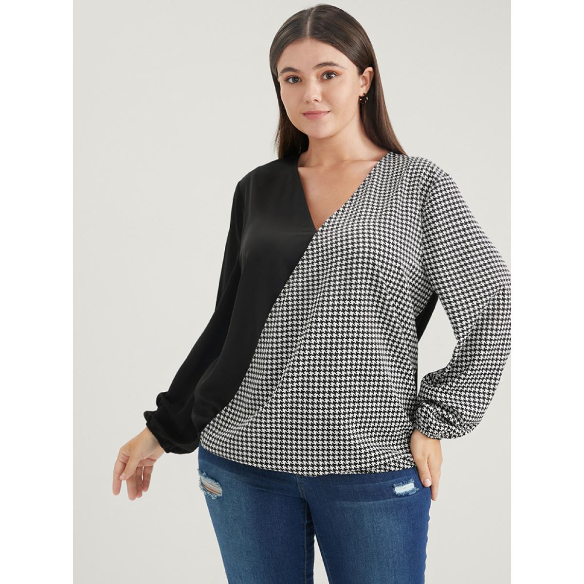 Plus Size Black Houndstooth Patchwork Lantern Sleeve Blouse Women Office Long Sleeve V-neck Work Blouses BloomChic 22-24/3X Product Image