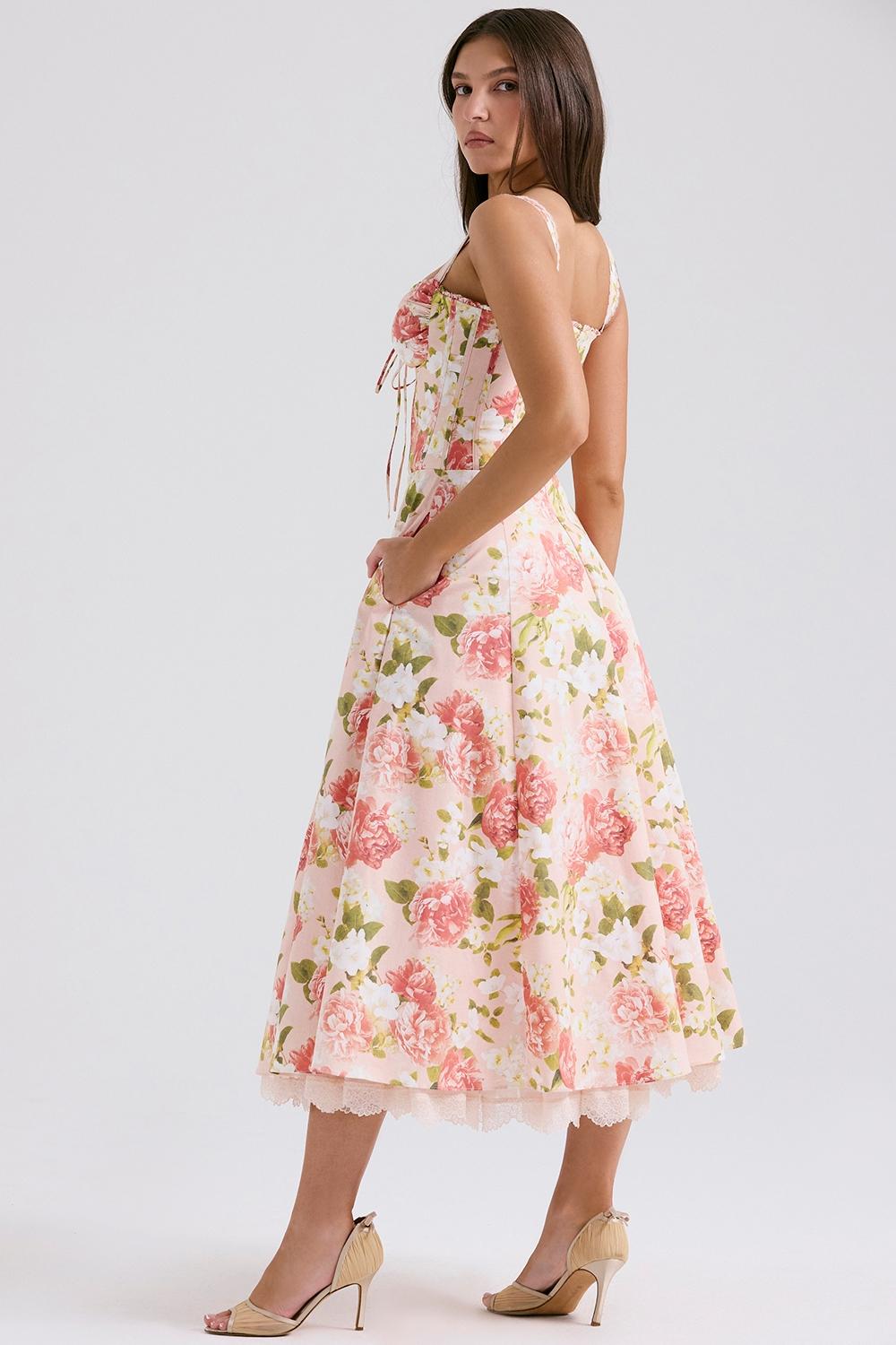Rosalee  pink peony print cotton bustier sundress Product Image
