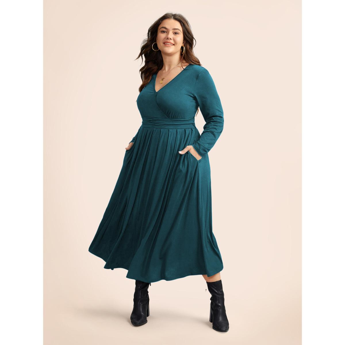 Plus Size Supersoft Essentials Ruched Wrap Pleated Hem Dress Aegean Women Casual Non Overlap Collar Long Sleeve Curvy Midi Dress BloomChic 12/L Product Image