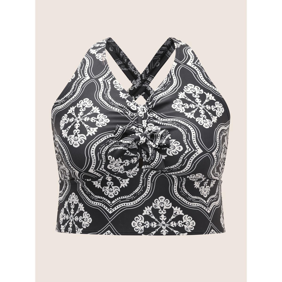 Plus Size Bandana Print Bowknot Adjustable Straps Swim Top Women's Swimwear Black Beach Tie knot High stretch Skinny V-neck Curve Swim Tops BloomChic 10/M Product Image