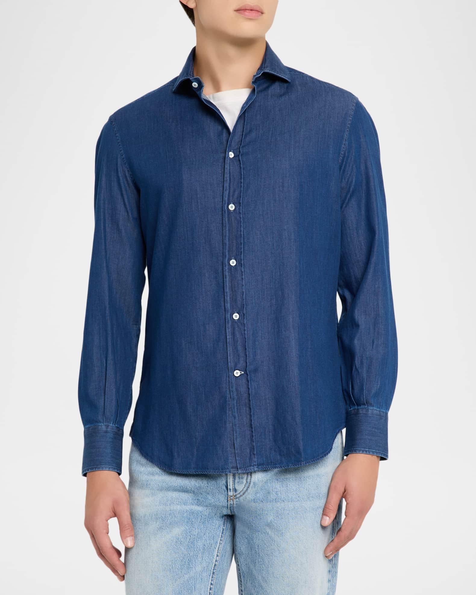 Men's Denim Spread Collar Button-Down Shirt Product Image