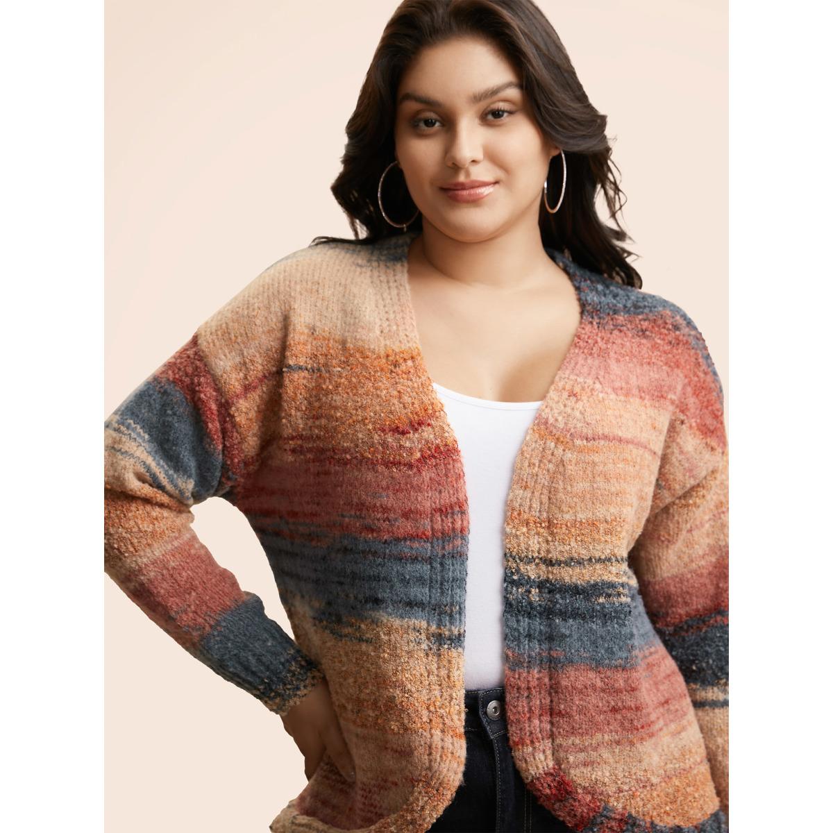 Plus Size Ombre Open Front Curved Hem Cardigan Coral Women Leisure Loose Long Sleeve Casual Cardigans BloomChic 14-16/1X Product Image
