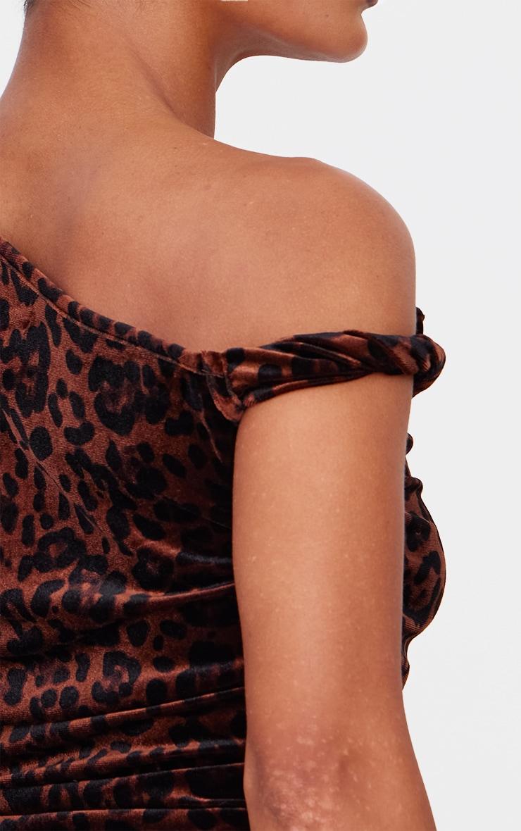 Brown Velvet Leopard Printed Asymmetric Shoulder Detail Long Top Product Image