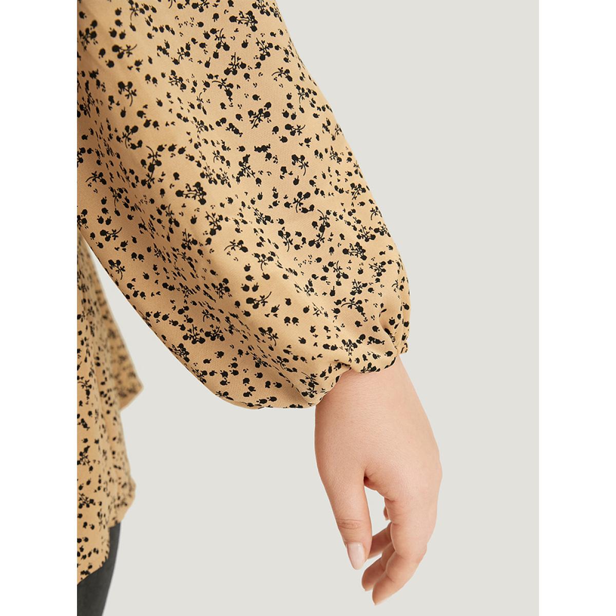 Plus Size LightBrown Ditsy Floral Shirred V Neck Frill Trim Blouse Women Elegant Long Sleeve V-neck Dailywear Blouses BloomChic 22-24/3X Product Image