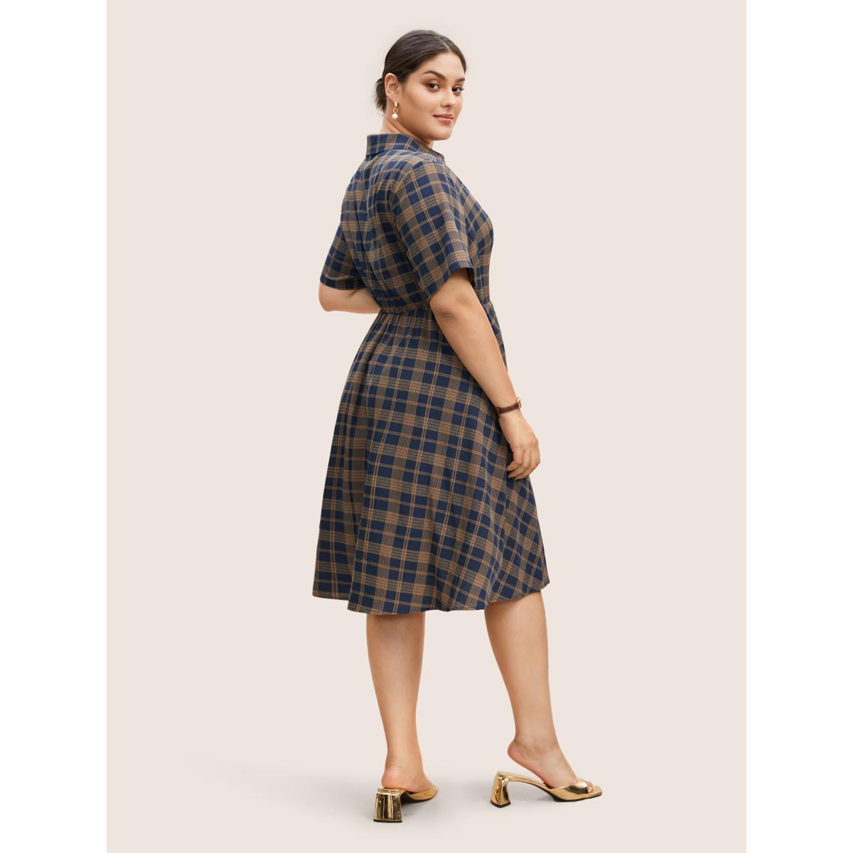Plus Size Plaid Button Up Elastic Waist Pocket Dress DarkBlue Women At the Office Button Shirt collar Short sleeve Curvy BloomChic 10/M Product Image