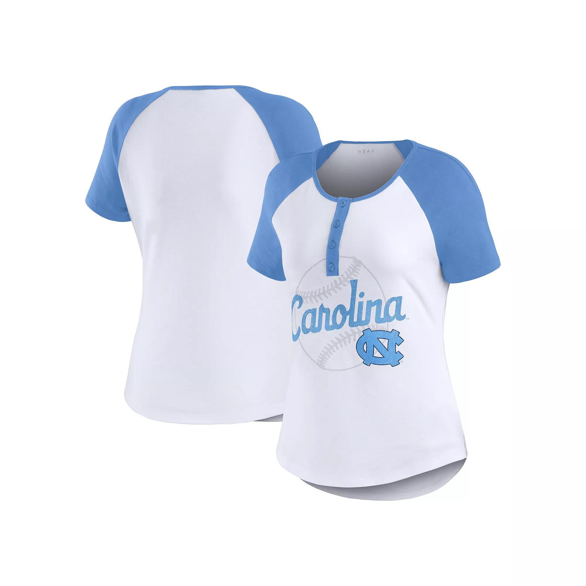 Women's WEAR by Erin Andrews White North Carolina Tar Heels Baseball Logo Raglan Henley T-Shirt, Size: 2XL Product Image