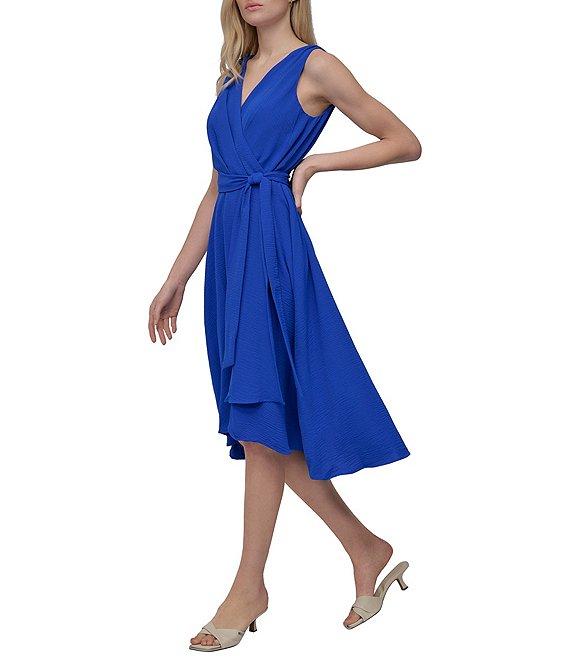 DKNY by Donna Karan V-Neck Sleeveless Bow Waist Washer Faux Wrap Dress Product Image
