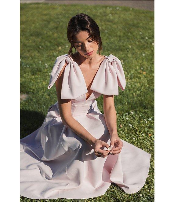 Mac Duggal Double V-Neck Bow Shoulder Crepe Pleated A-Line Tea Length Dress Product Image