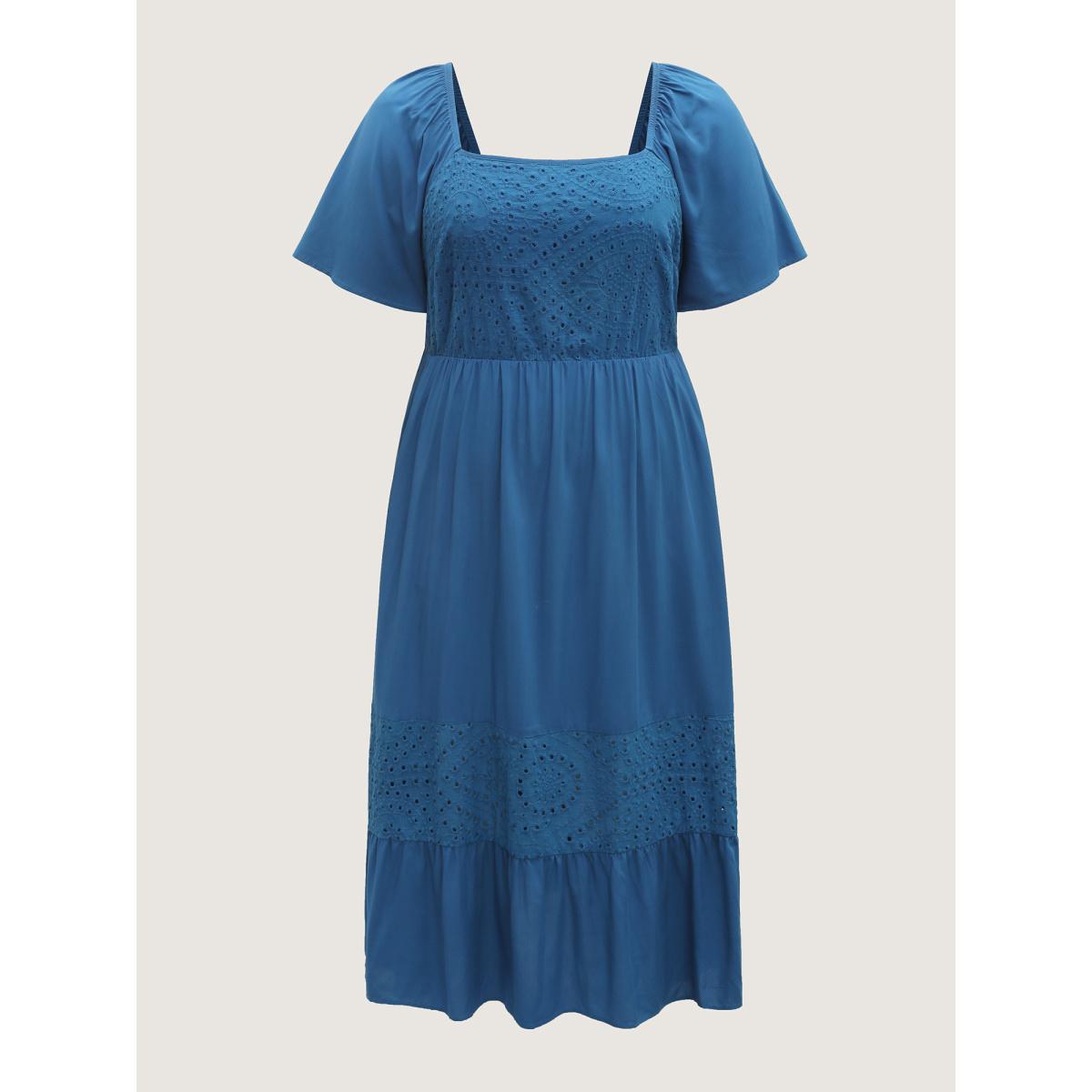 Plus Size Rayon Lace Pleated Tiered Midi Dress Mediumblue Women Boho Square Neck Short sleeve Curvy BloomChic 18-20/2X Product Image