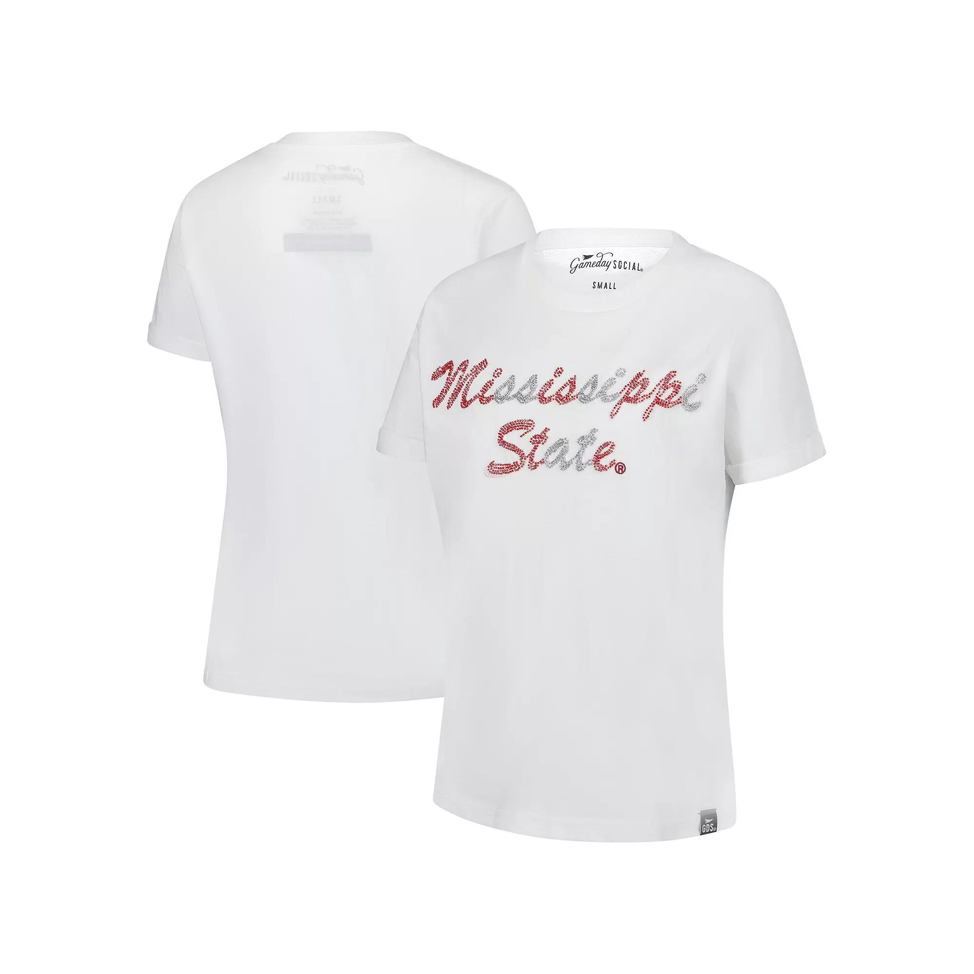 Women's Gameday Social  White Mississippi State Bulldogs Hand Sewn Beaded Script T-Shirt, Size: Small, Mst White Product Image