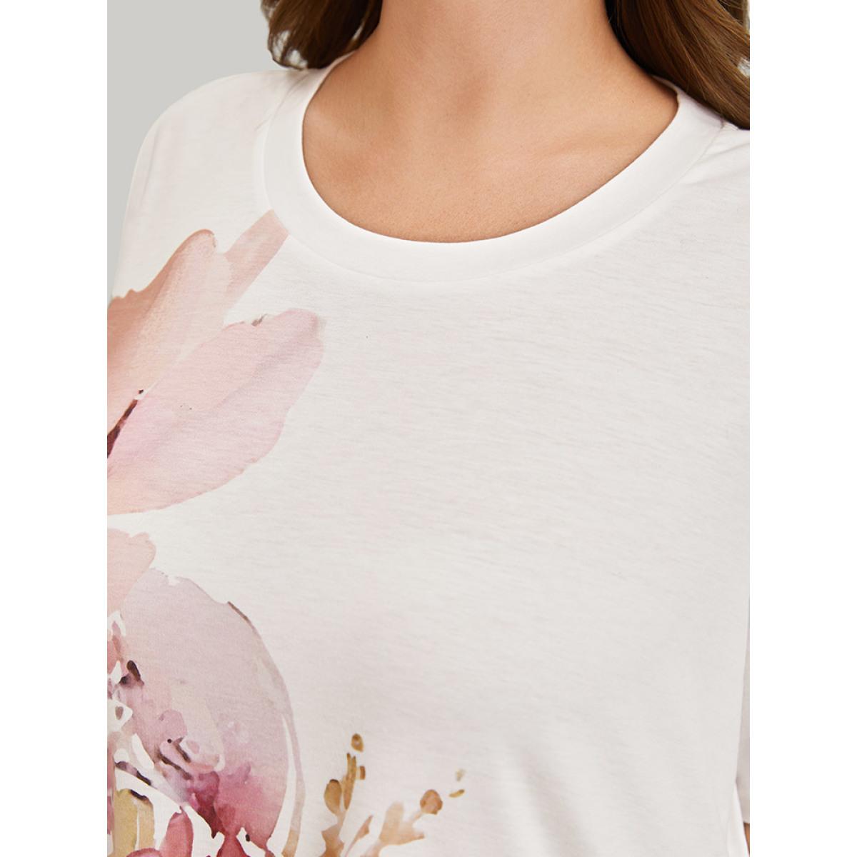 Plus Size Floral Print Pocket Contrast Midi Dress White Women Casual Pocket Round Neck Short sleeve Curvy Midi Dress BloomChic 12/L Product Image