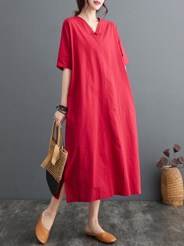 A-Line Loose Chinese Frog Buttons Pockets Solid Color Split-Side V-Neck Midi Dresses Product Image