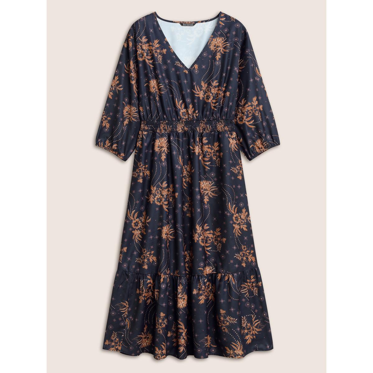 Plus Size Floral Print Gathered Ruffle Hem Shirred Dress DarkBlue Women Elegant Non V-neck Elbow-length sleeve Curvy Midi Dress BloomChic 14-16/1X Product Image