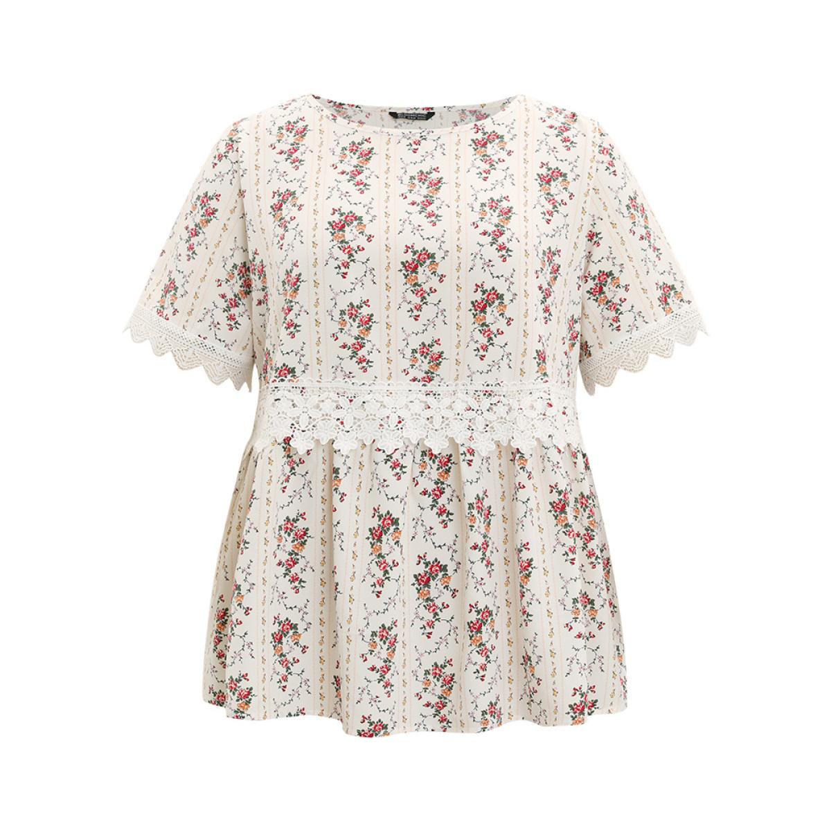 Plus Size White Ditsy Floral Lace Panel Elastic Waist Blouse Women Elegant Short sleeve Round Neck Dailywear Blouses BloomChic 14-16/1X Product Image
