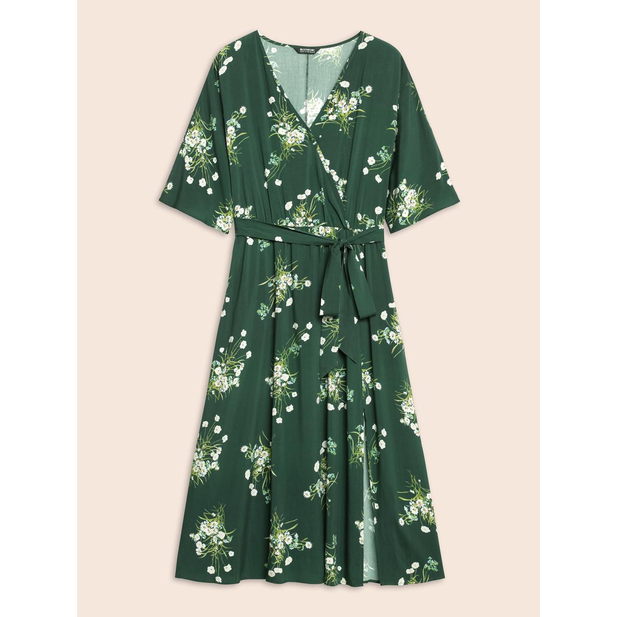Plus Size Floral Overlap Collar Split Hem Dress Emerald Women Elegant Belted Overlap Collar Half Sleeve Curvy BloomChic 30/6X Product Image